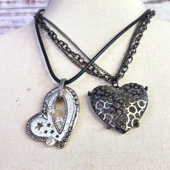 Chico's Jewelry - Vintage Heart Necklaces Silver Black Metal Crystal‎ Y2K Grunge Celestial Goth